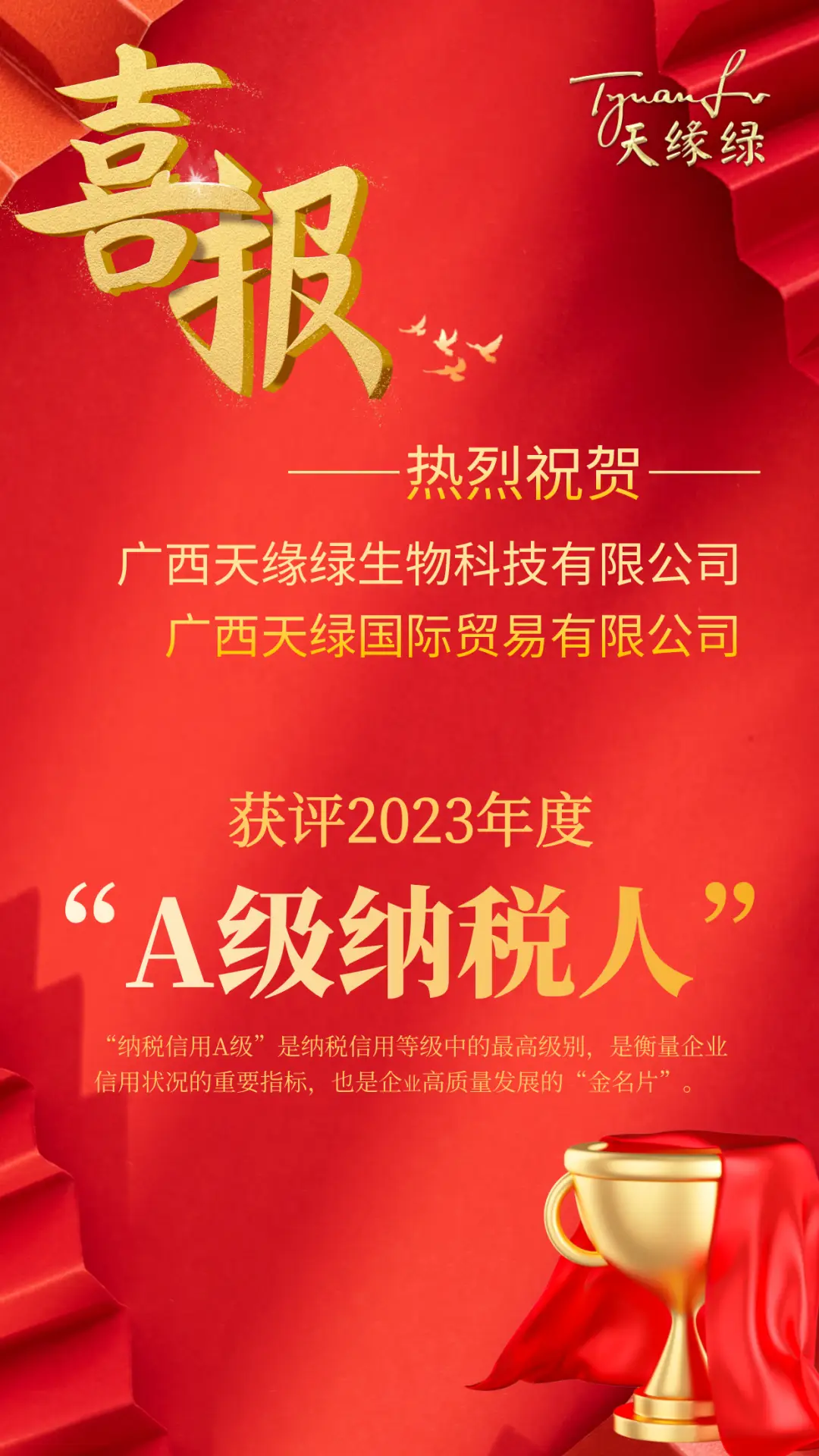 喜報！天緣綠集團母公司及子公司獲評2023年度納稅信用A級納稅人